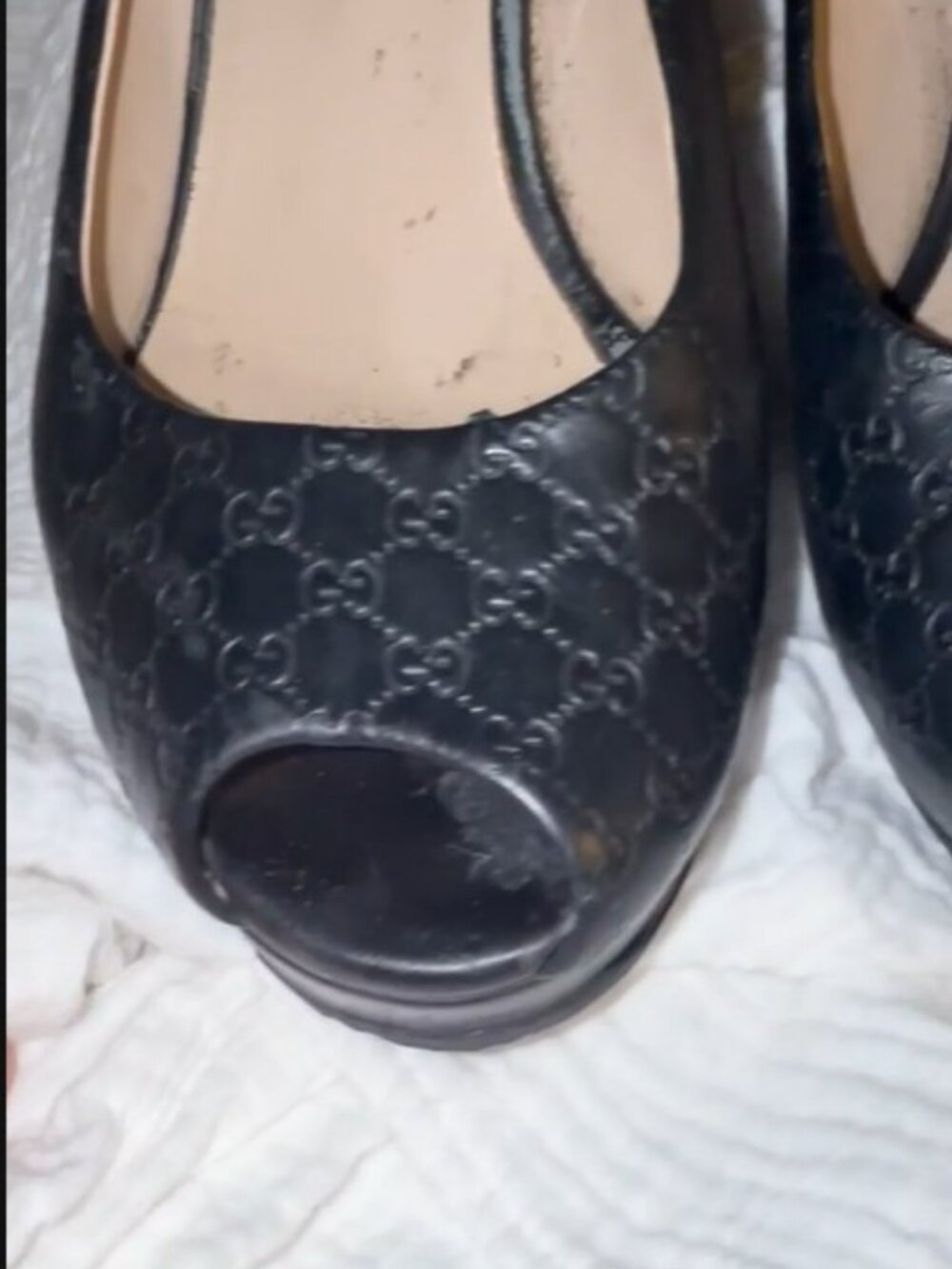 Gucci Black Peep=toe Block Heels Embossed Pumps Monogram Guccissima - Picture 9 of 10